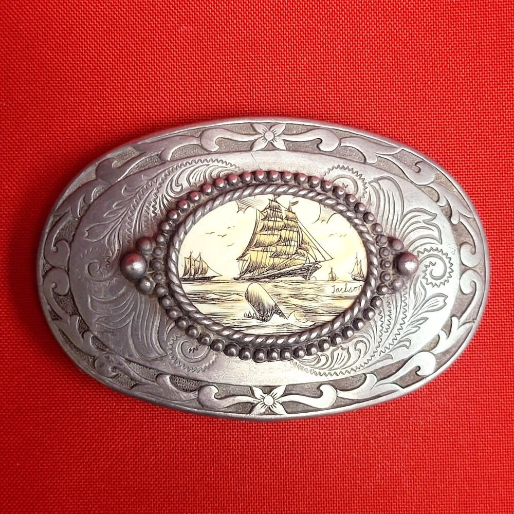 Belt Buckle Sailing Ship Boat Clipper Schooner Galleon Centerpiece Oval